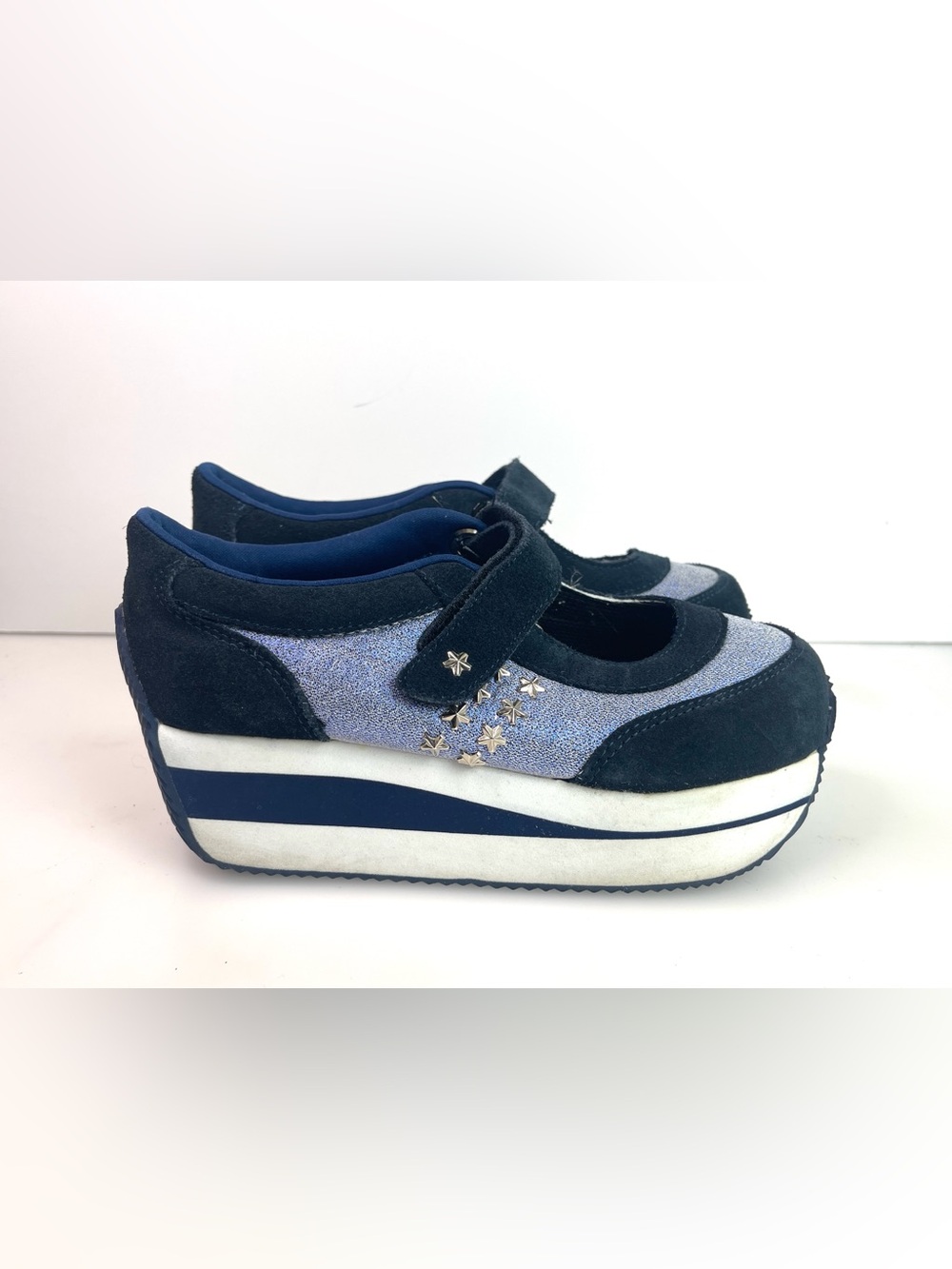 RARE Vintage Volatile Starship Leather Mary Jane 2”H Platform Shoes Blue Size 7